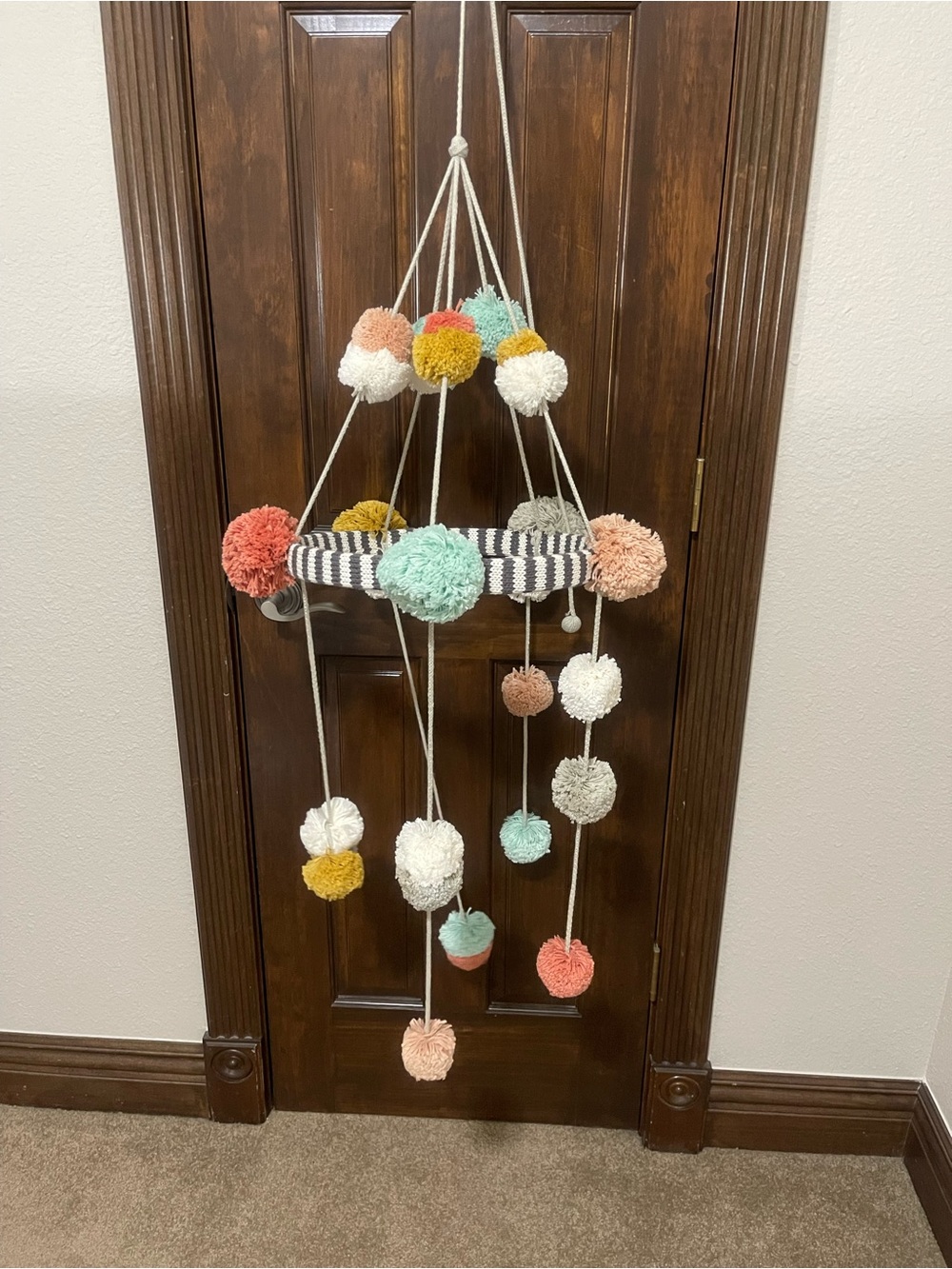 Handmade Pom-Pom Hanging Mobile in Mint, Coral, Mustard & Cream